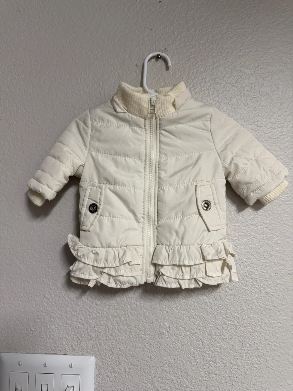 Starting Out Cream Quilted Ruffle Puffer Jacket